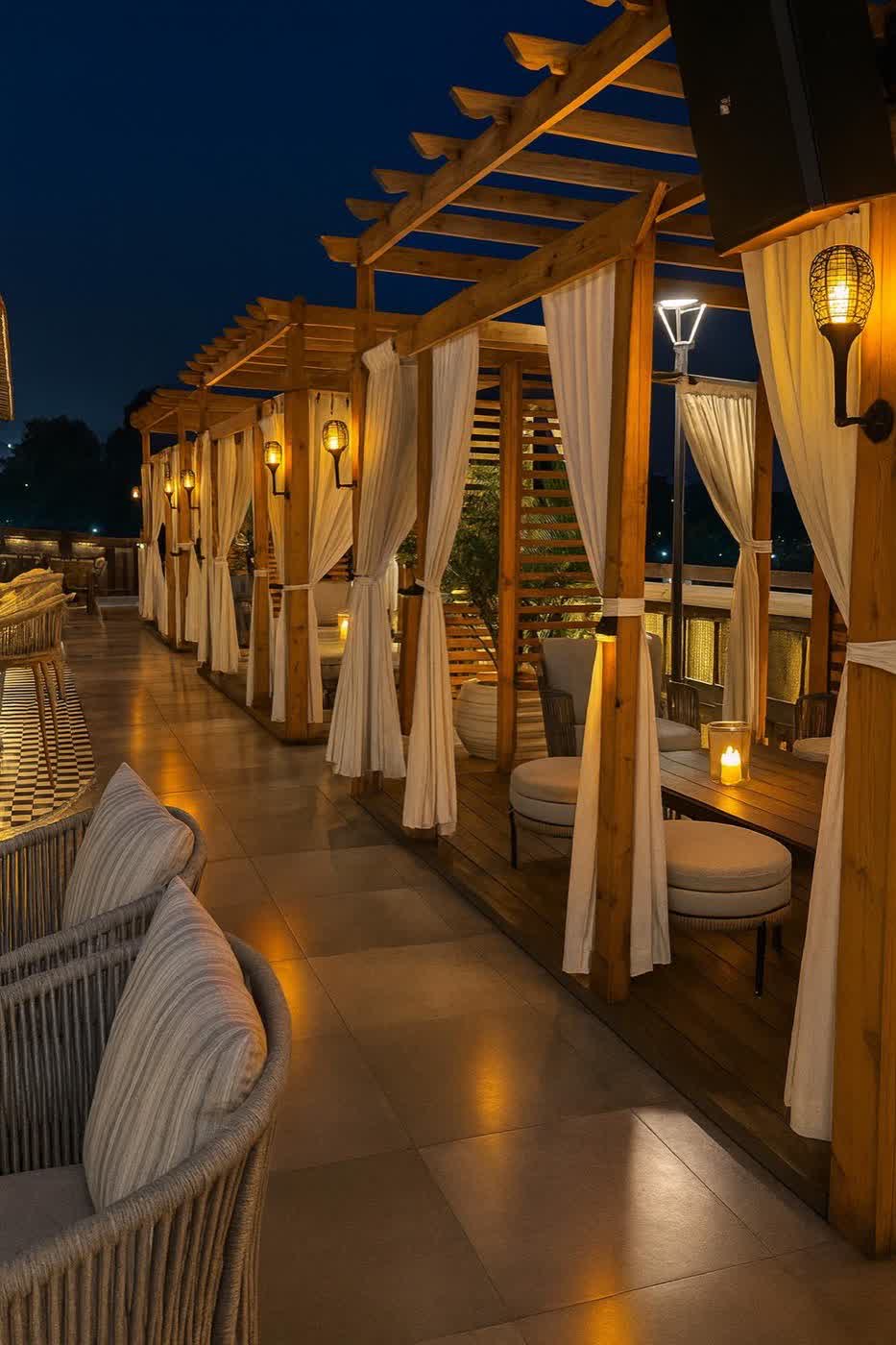 Corridor of private cabanas at Farzi Café Dehradun