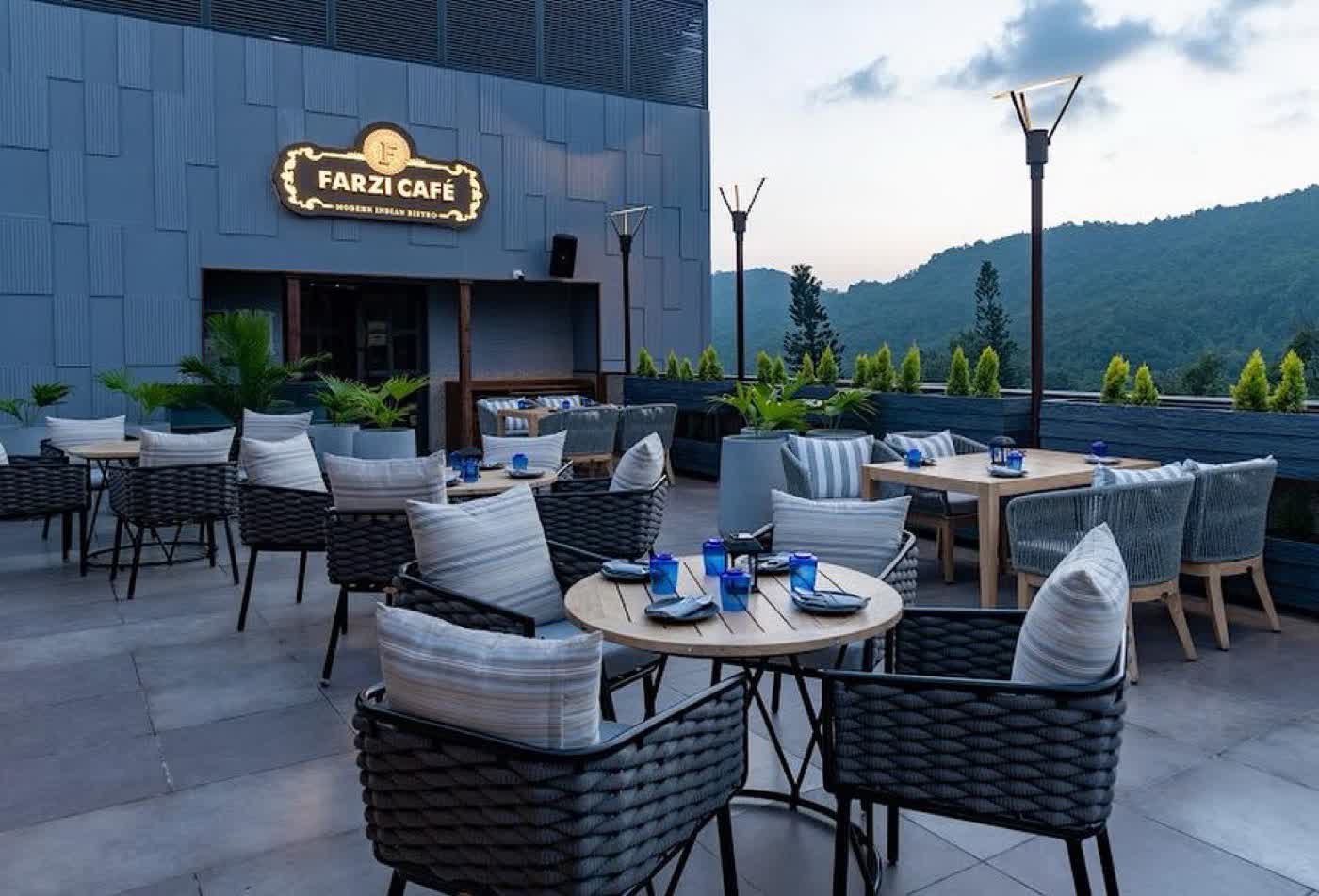 Terrace signage in evening blue light