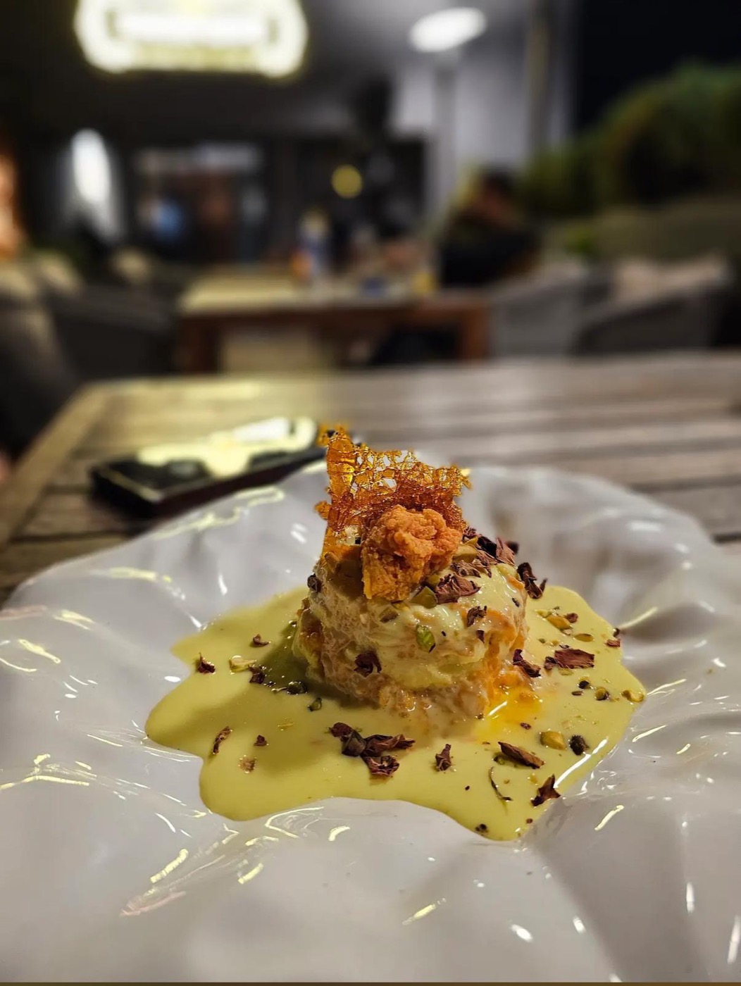 Deconstructed dessert with caramel shard