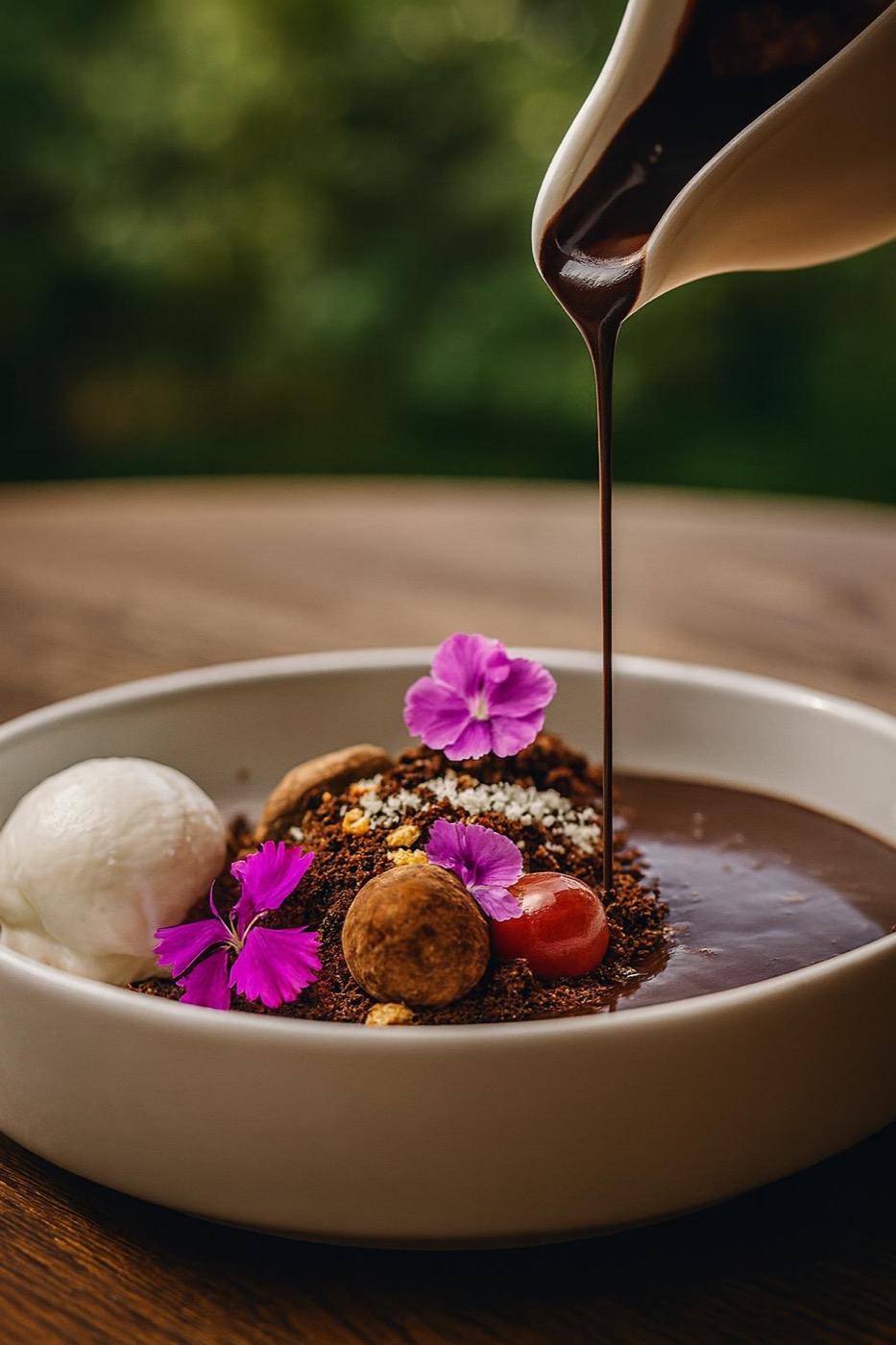 Chocolate dessert with edible flowers, sauce poured at table